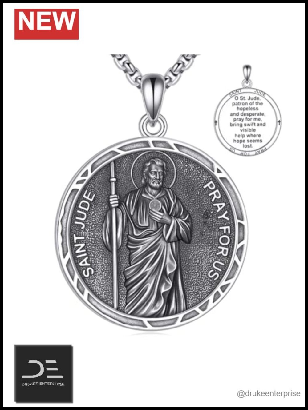 925 Sterling Silver St. Jude Patron Saint Medal Necklace with 24" Chain Gift